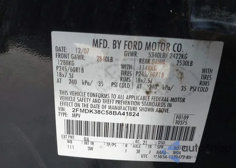 2008 Ford Edge Sel z USA, uszkodzony, nr VIN 2FMDK38C58BA41824